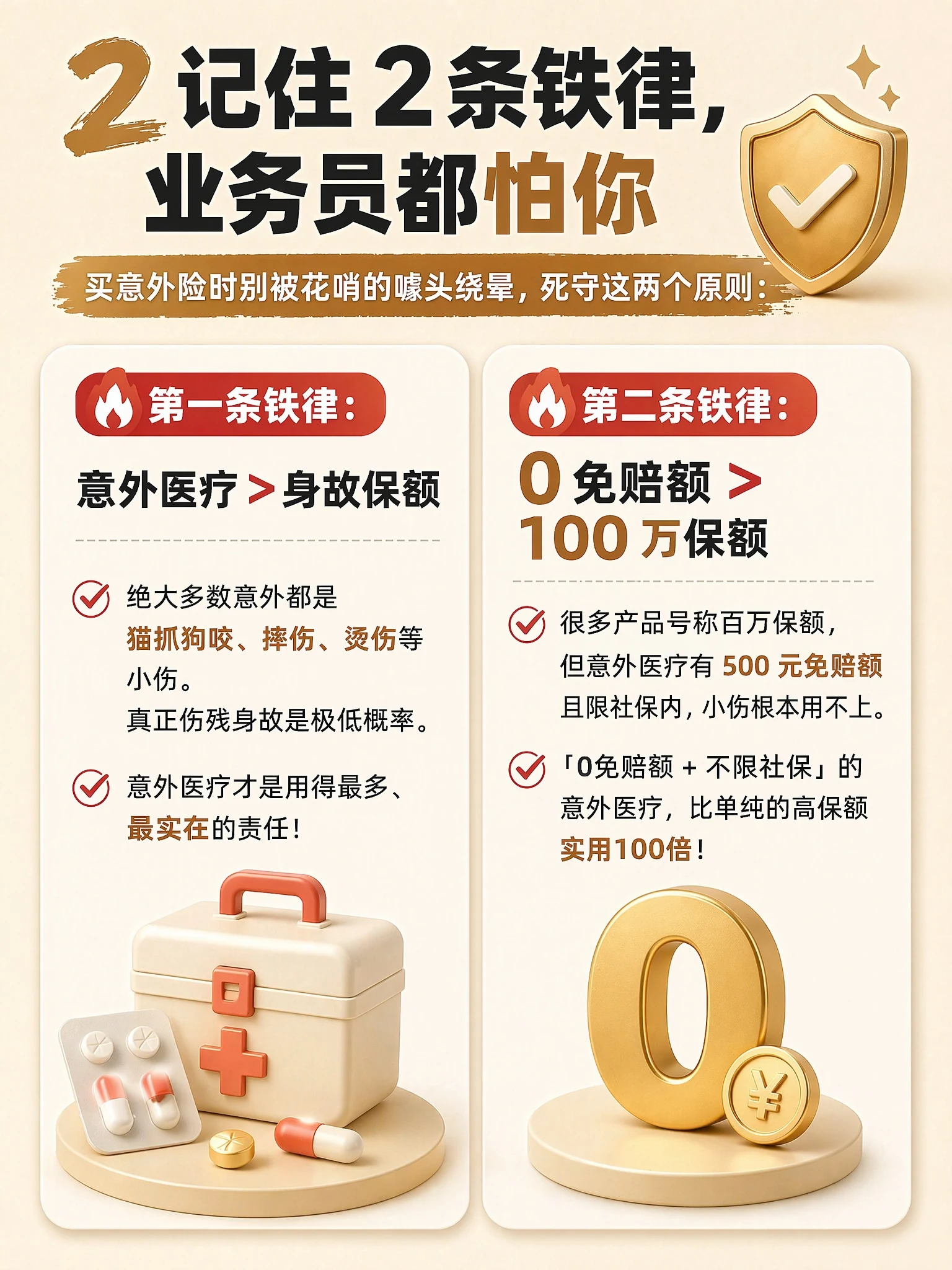 2 条铁律：医疗 > 身故、0 免赔 > 100 万