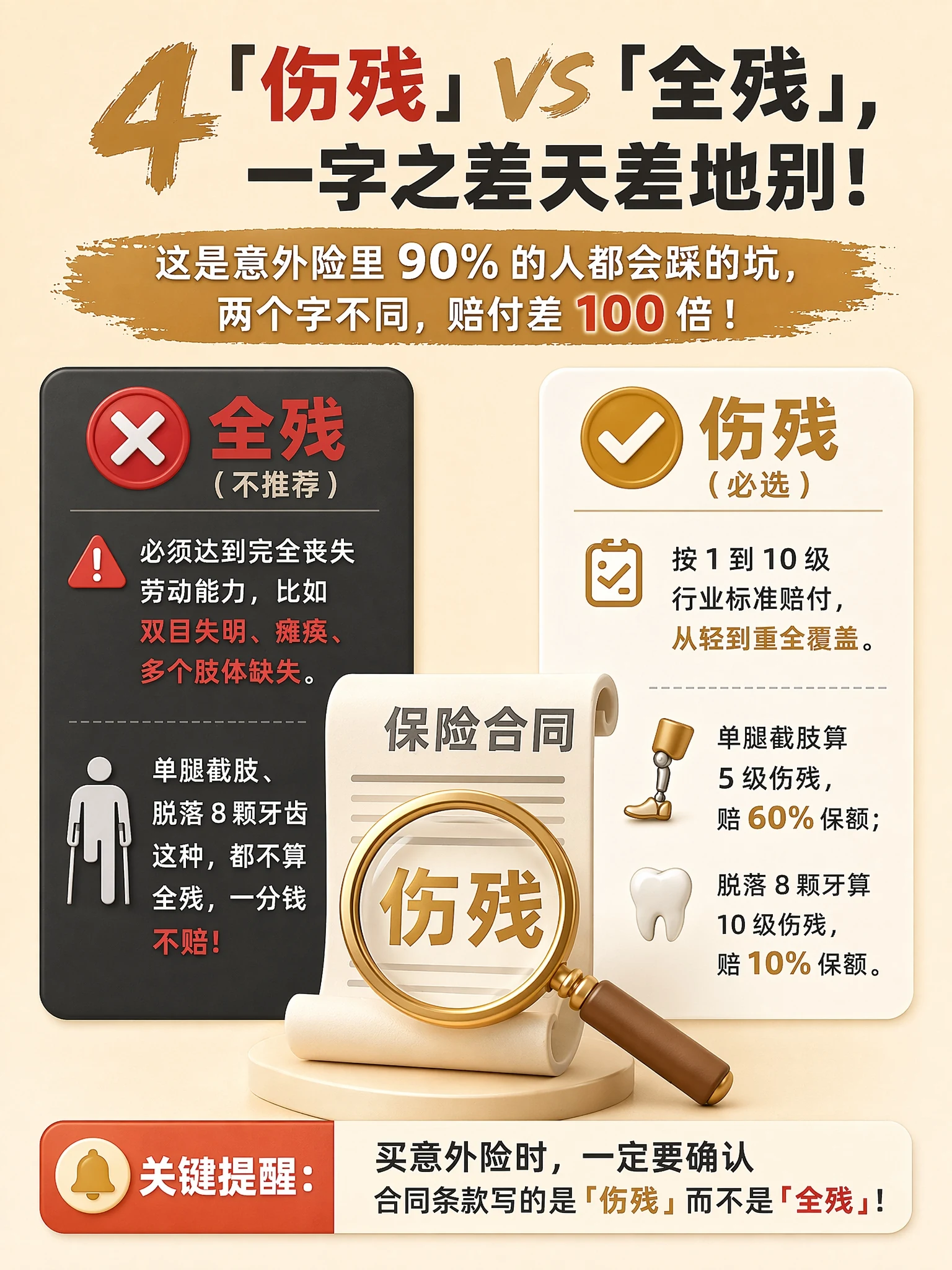伤残 vs 全残 一字之差