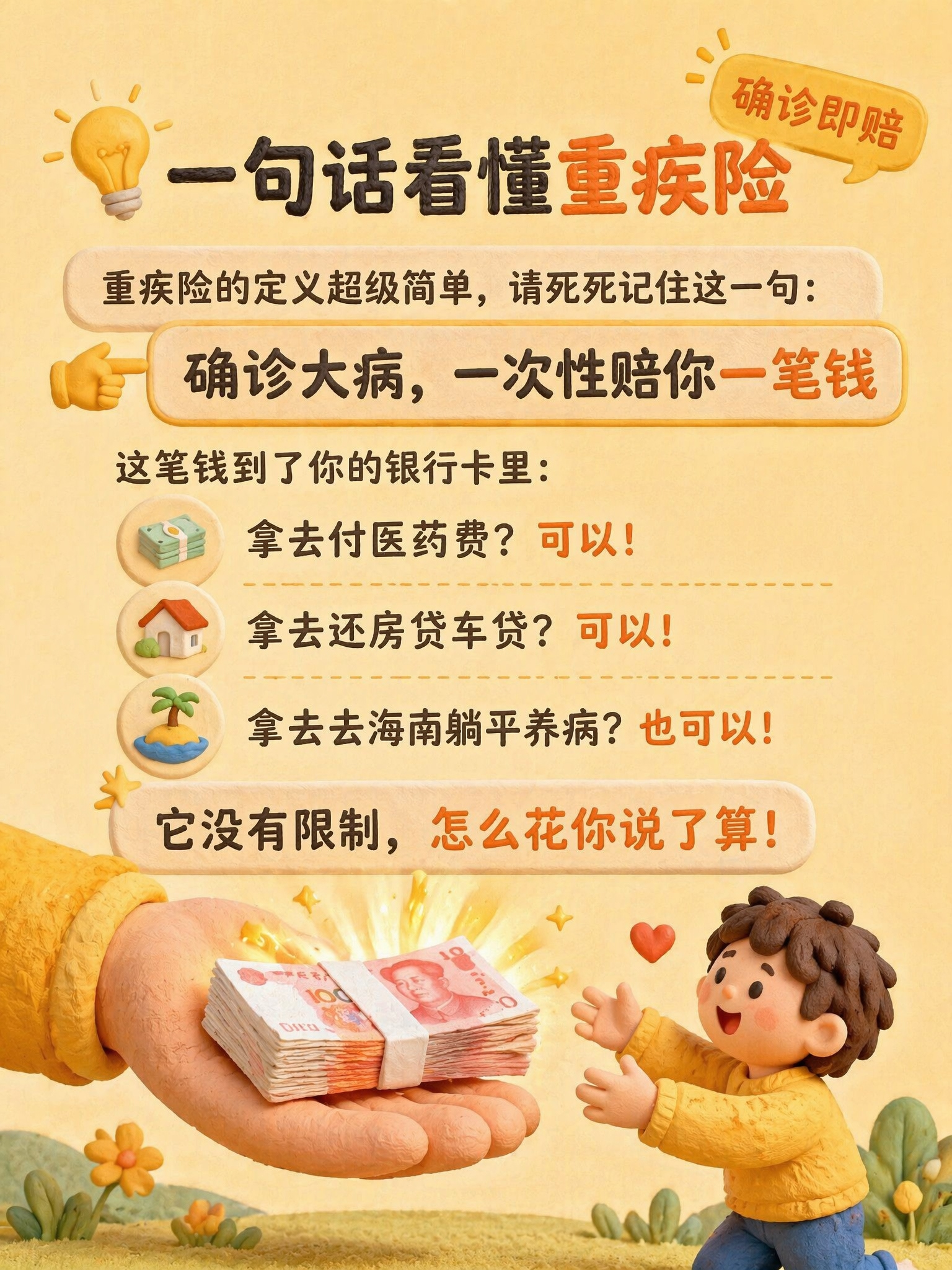 一旦确诊合同条款中规定的疾病，保险公司会直接赔付一笔钱，这笔钱到了你的银行卡里
