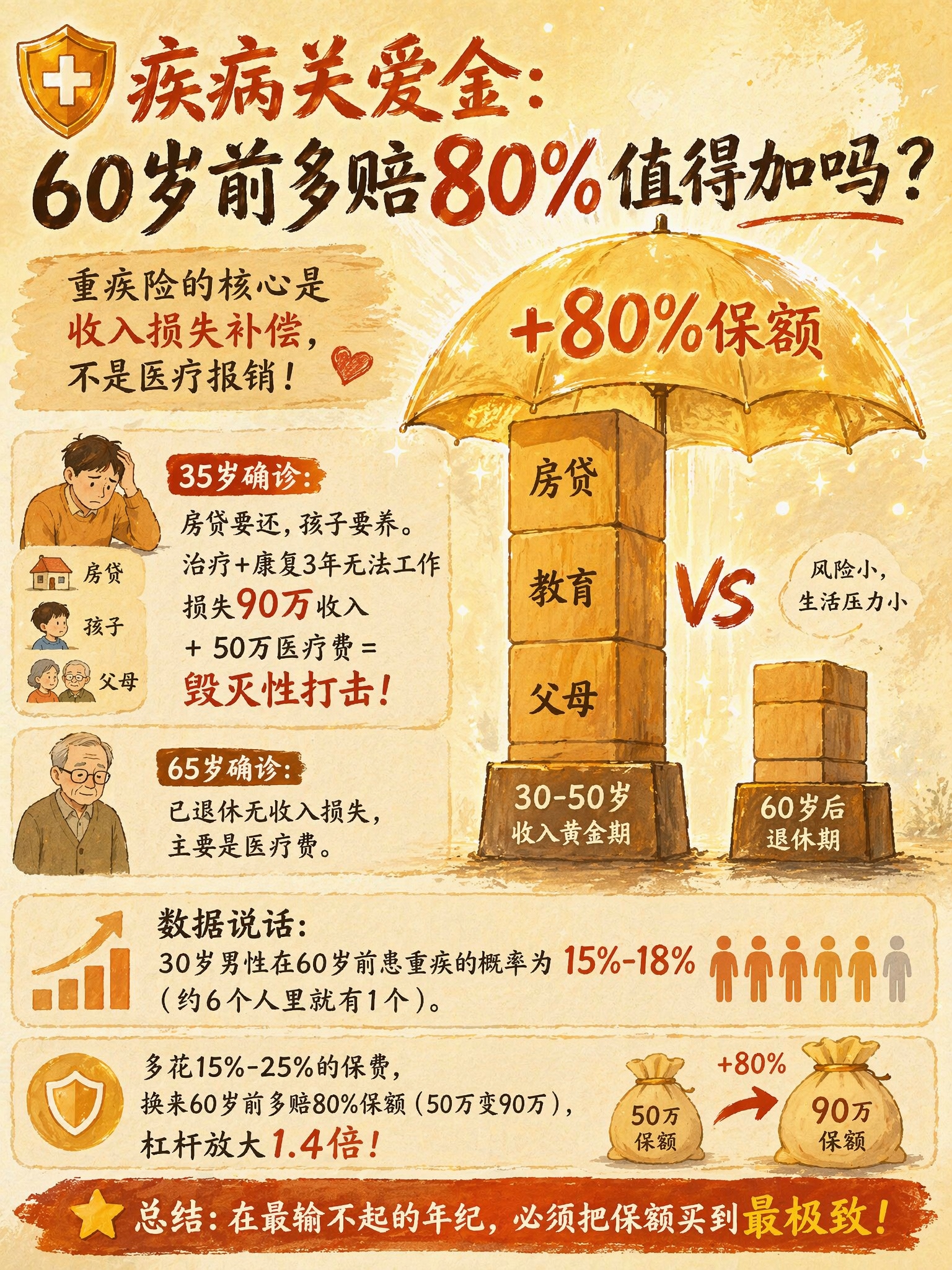 疾病关爱金:60岁前多赔80%值得加吗?
