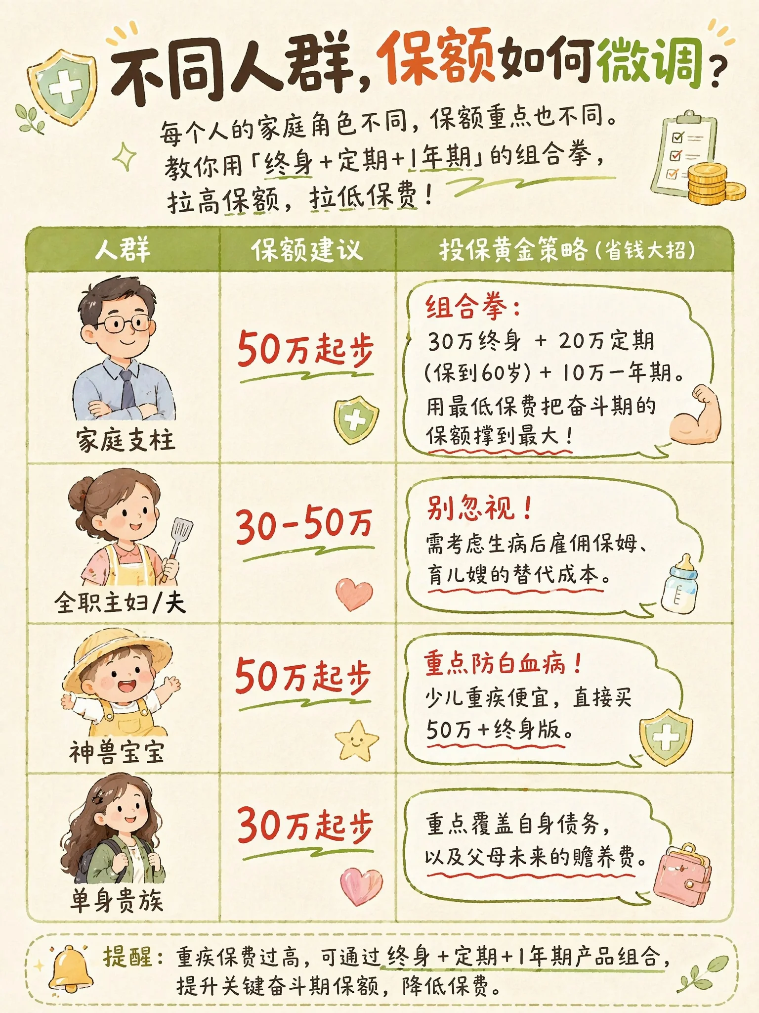 不同人群保额建议：家庭支柱/全职主妇/神兽宝宝/单身贵族