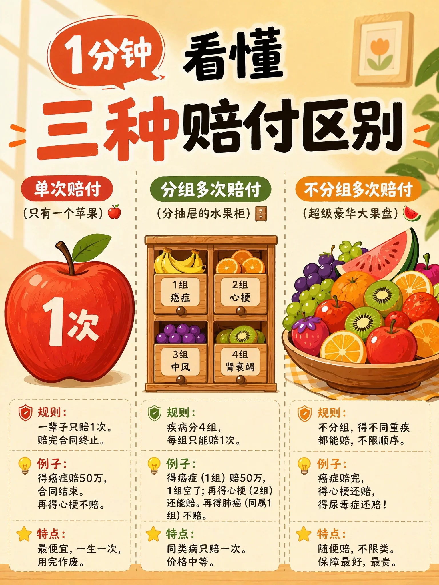 三种赔付区别：单次赔付 / 分组多次赔付 / 不分组多次赔付