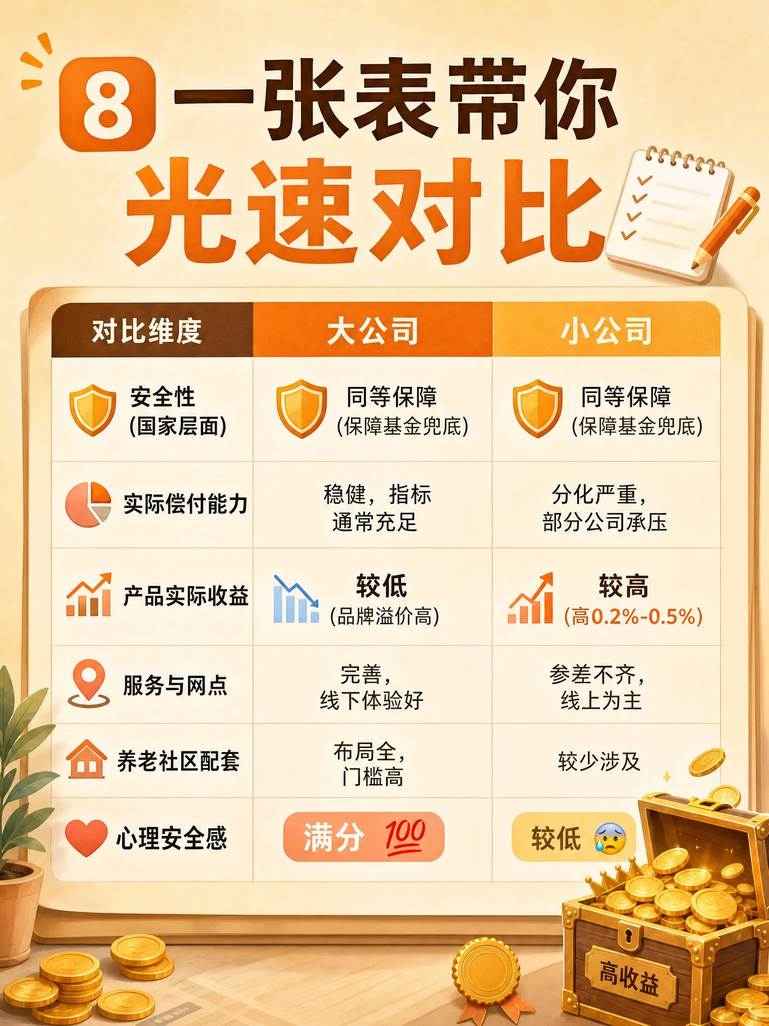 一张表光速对比：6 个维度（安全性、偿付能力、收益、服务、养老社区、心理安全感）