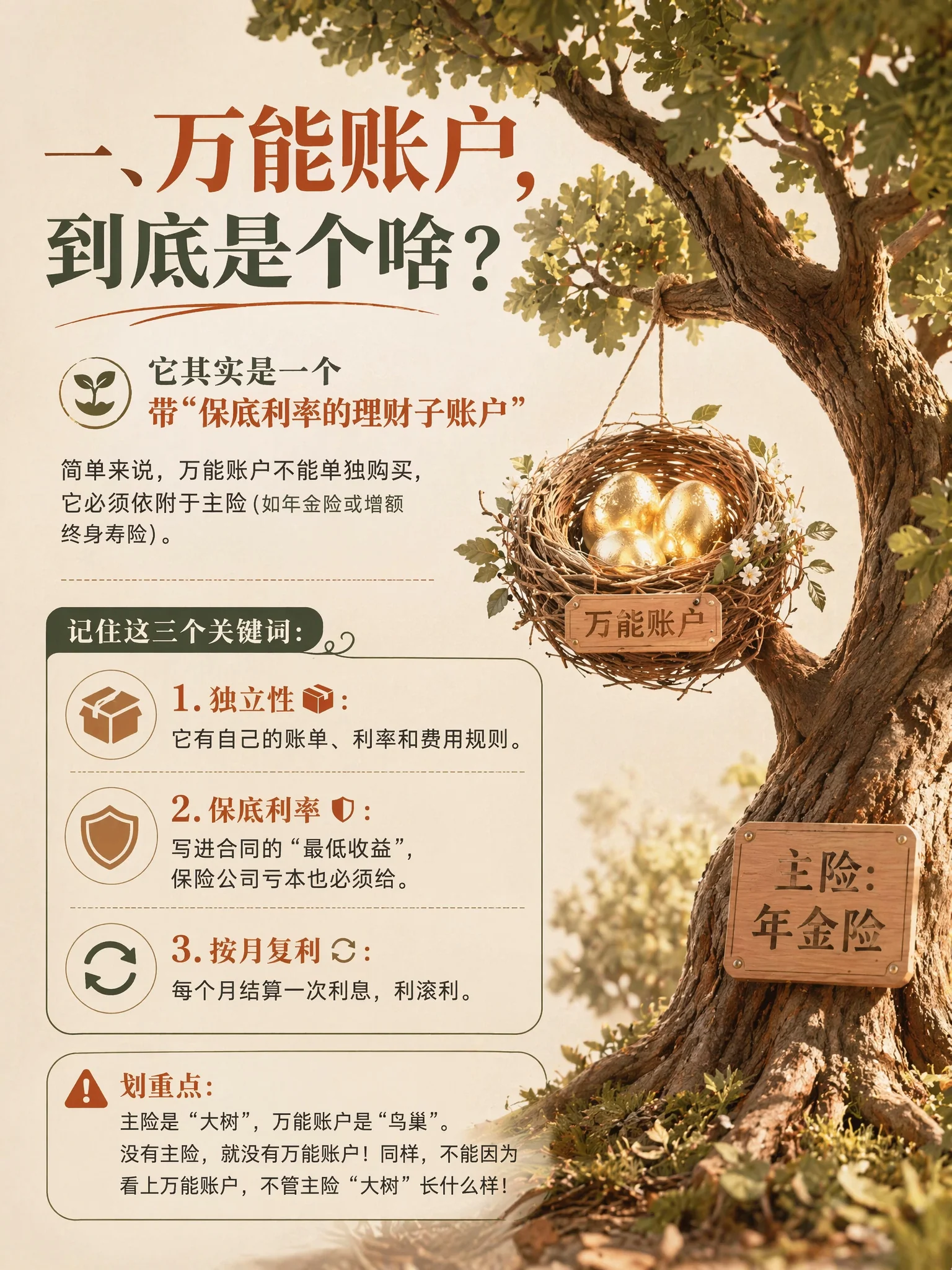 一、万能账户到底是个啥：带保底利率的理财子账户，3 个关键词（独立性 / 保底利率 / 按月复利）