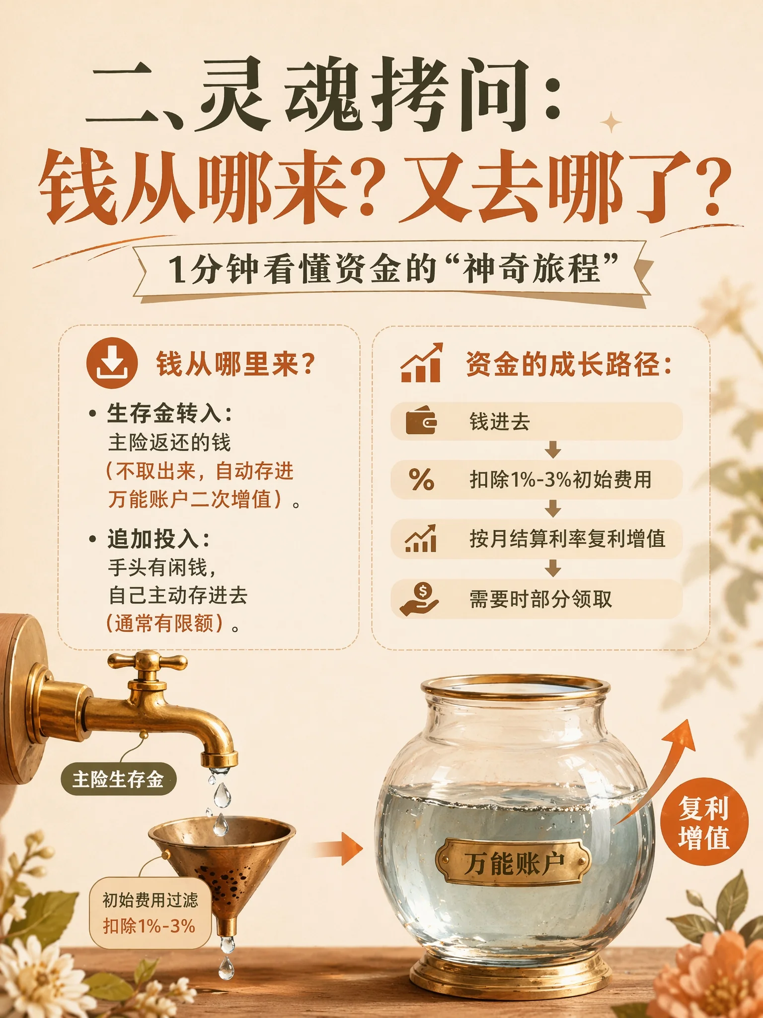 二、钱从哪来？去哪了？：生存金转入 + 追加投入，资金成长路径 4 步