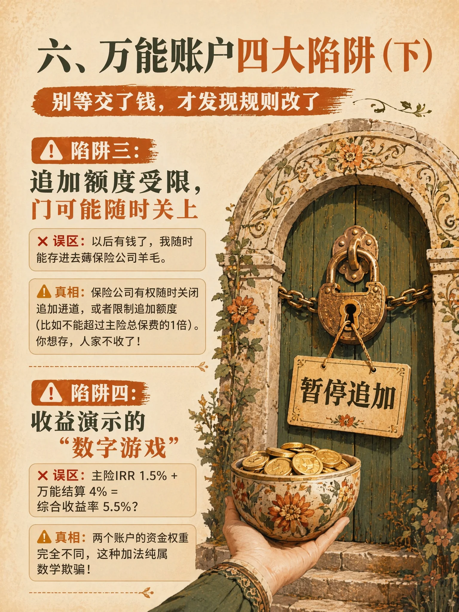 六、万能账户四大陷阱（下）：陷阱三 追加额度受限 + 陷阱四 收益演示数字游戏