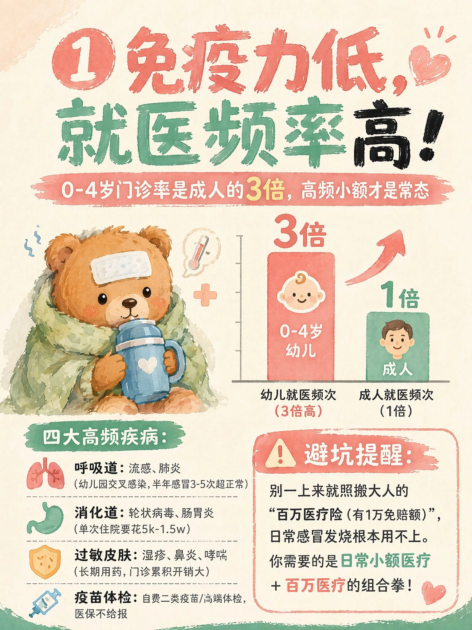 1.1 生理特点:免疫力低，就医频率高