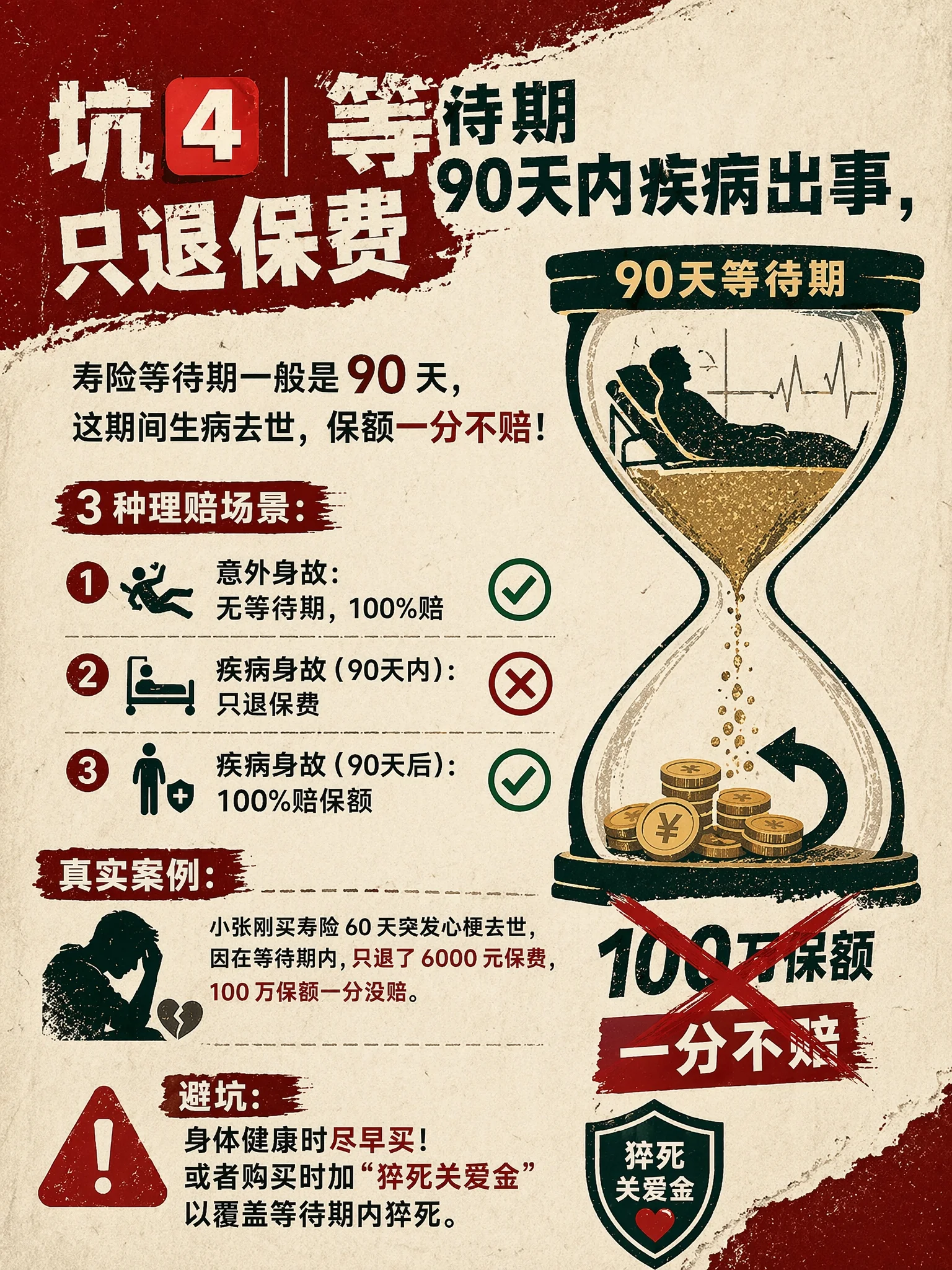 等待期 90 天内疾病出事只退保费 - 3 种理赔场景